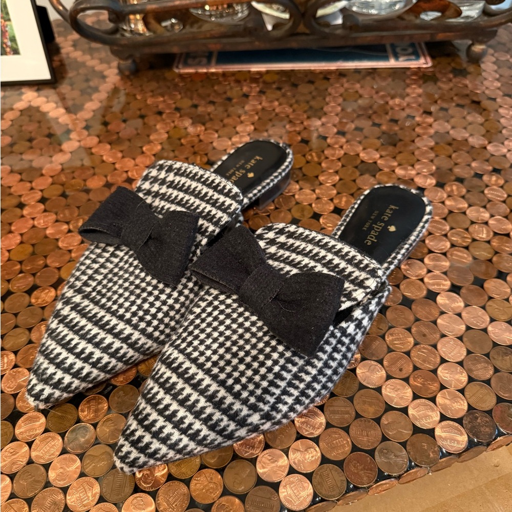 Kate Spade Black and White Houndstooth Mules